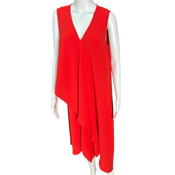 Adrianna Papell Sz 10 Asymmetrical Front Drape Crepe Shift Dress Orange Midi - Picture 2 of 11